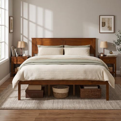 Queen Size Farmhouse Wooden Platform Bed Frame with Headboard - Walnut Open Footboard