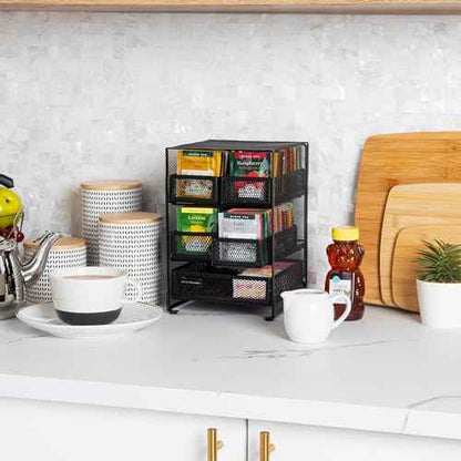 Mind Reader Tea Bag Organizer, Tea Station Organizer, Countertop Storage, Kitchen, Metal Mesh, 7" L x 6.75" W x 10" H, Black