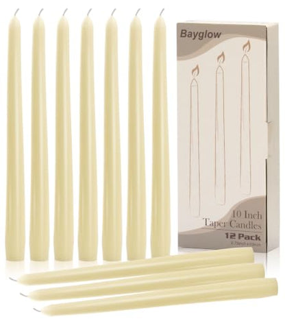 Ivory Taper Candles - 12 Pack, 10 Inch Unscented Dripless Home Decor