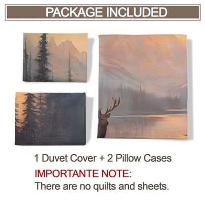 Deer Duvet Cover Queen Size - Forest Deer Bedding Set 3 Piece with Zipper Closure - Queen 90x90