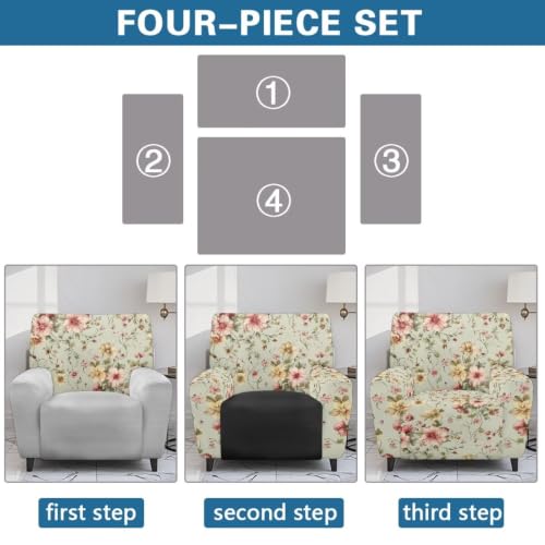 Vintage Floral Recliner Chair Covers 4-Piece Non-Slip Washable Protectors with Side Pockets