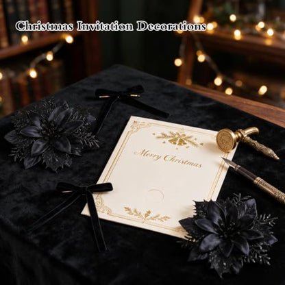 Black Poinsettia Artificial Flowers & Velvet Bows - Festive Xmas Decor - Blackbows