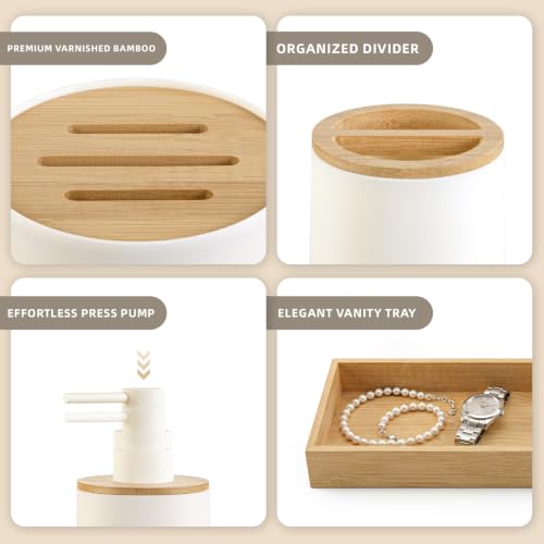 White 4-Piece Bathroom Accessories Set - Bamboo & Matte White Finish