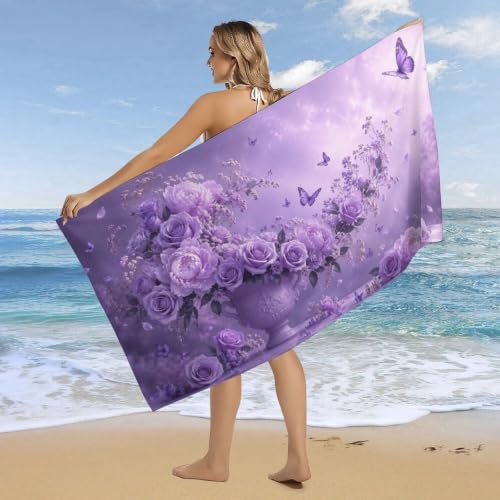 Lavender Blooms and Fluttering Butterflies Oversized Beach Towel 63x31.5 Inches - Soft Absorbent Travel-Ready Bath Towel
