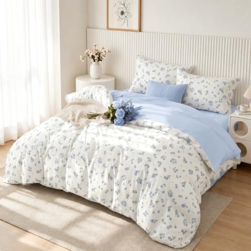Queen Floral Duvet Cover Set - Blue 3-Piece Bed Bedding