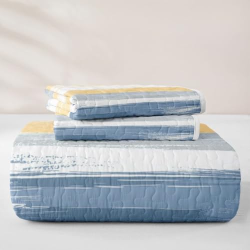 Erosebridal Geometric Twin Size Quilt Set - Blue Yellow Gradient Striped Ombre