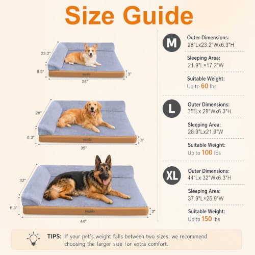 Heated Orthopedic Dog Bed for Large Senior Dogs - L-Shaped Design