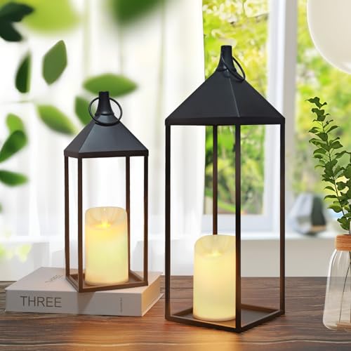17" & 13" Modern Farmhouse Candle Lantern Decor Set - Black Metal Flameless Indoor & Outdoor Lanterns