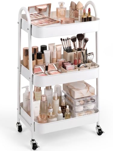 Booklov White Rolling Makeup Cart Organizer, 3-Tier Utility Storage