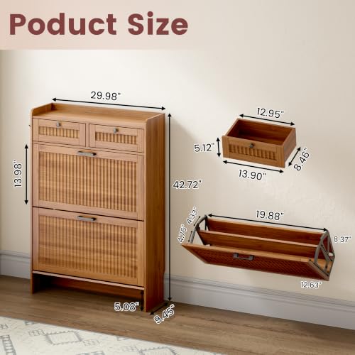 Walnut Fluted Shoe Cabinet with 2 Flip & 2 Top Drawers - Entryway Storage