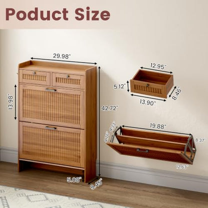 Walnut Fluted Shoe Cabinet with 2 Flip & 2 Top Drawers - Entryway Storage