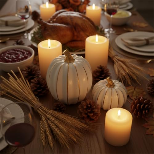 White Pumpkin Decor Set - 2 Resin Fall Pumpkins with Gold Accents
