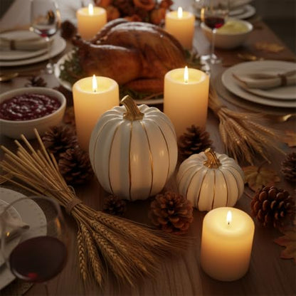 White Pumpkin Decor Set - 2 Resin Fall Pumpkins with Gold Accents