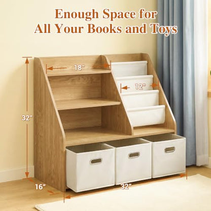 Kids Bookshelf & Toy Storage Organizer - 4-Tier Wooden Toddler Bookcase with Removable Fabric Bins