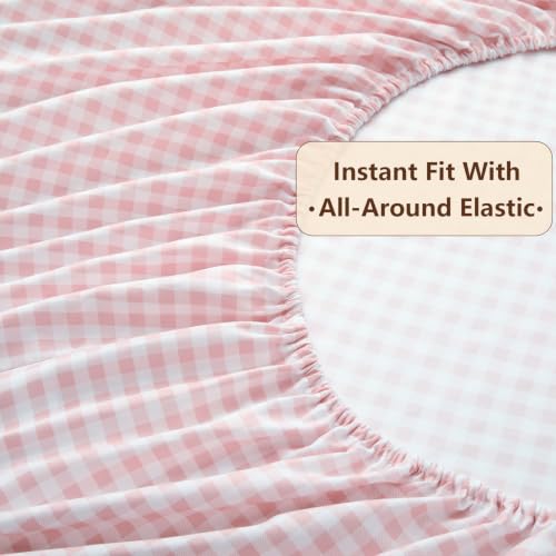 Gingham Ruffle Queen Bed Sheet Set - Pink Microfiber Plaid Bedding