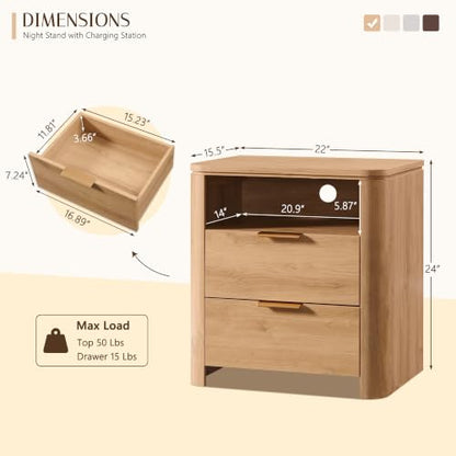 24" Tall Nightstand with Charging Station - 2 Drawers + Open Shelf, Natural (22" W x 15" D x 24" H)