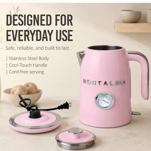 Nostalgia Pink Retro Electric Kettle 1.7L Enamel-Coated Stainless Steel