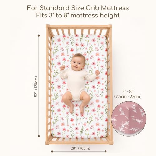 Pink Floral Baby Crib Sheets 3 Pack Fitted 52x28 Inches for Boys Girls