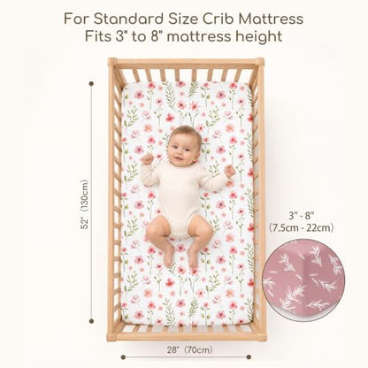 Pink Floral Baby Crib Sheets 3 Pack Fitted 52x28 Inches for Boys Girls