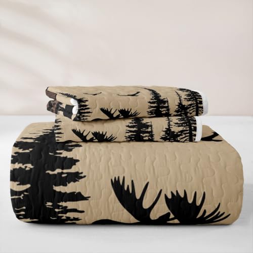 King Size Rustic Cabin Quilt Set with Moose and Pine Tree Prints - Beige Brown Black Variation