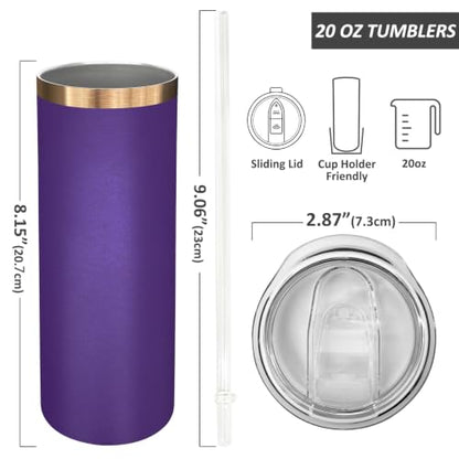Purple 20 oz Stainless Steel Skinny Tumbler with Lid & Straw - Bulk Pack
