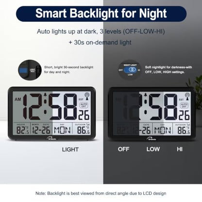 WallarGe Atomic Wall Clock with Backlit Indoor Outdoor Temperature