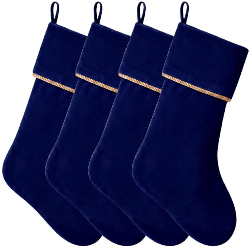 Velvet Christmas Stockings Navy Blue 18 Inch Hanging Stocking - Set of 4