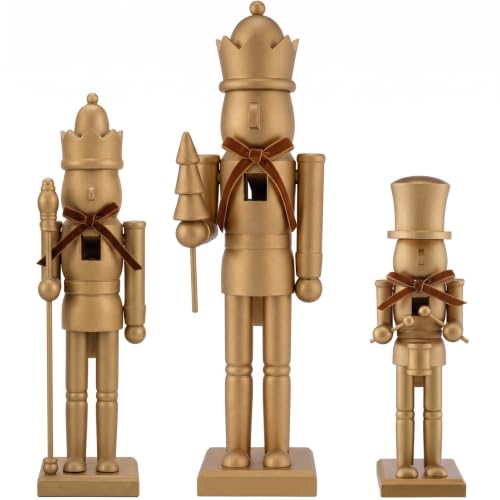 Christmas Nutcracker Figures Set - Gold Wooden Holiday Decor, 10-15 Inches