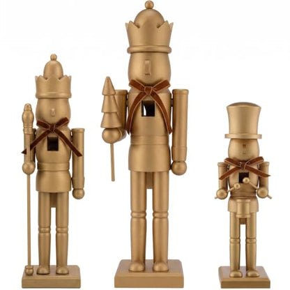 Christmas Nutcracker Figures Set - Gold Wooden Holiday Decor, 10-15 Inches