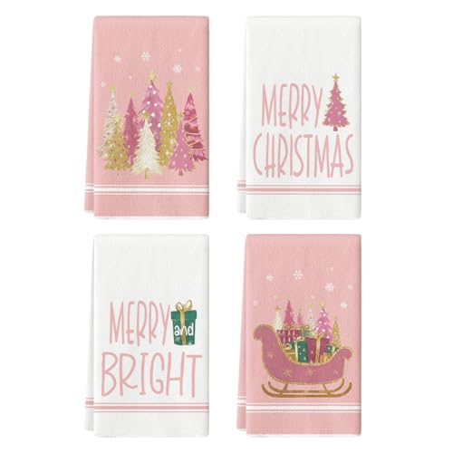 Pink Star Christmas Kitchen Towels Set of 4 18x26 Inches - Artoid Mode