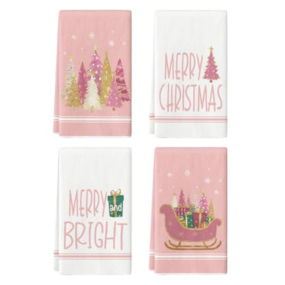 Pink Star Christmas Kitchen Towels Set of 4 18x26 Inches - Artoid Mode