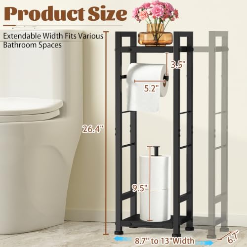 2-Tier Freestanding Toilet Paper Holder Stand with Shelf, Expandable Width 8.7-13in, Slim Floor Dispenser for Bathroom, Small Space, Black