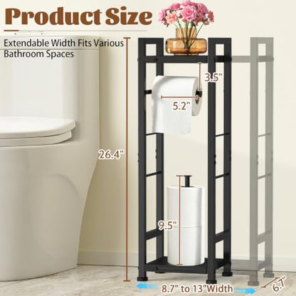 2-Tier Freestanding Toilet Paper Holder Stand with Shelf, Expandable Width 8.7-13in, Slim Floor Dispenser for Bathroom, Small Space, Black