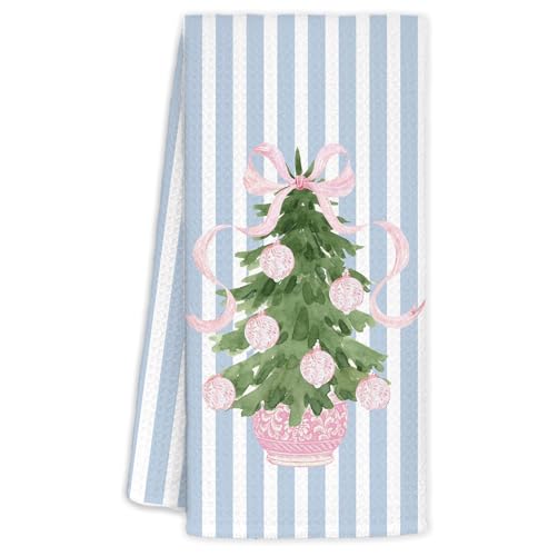 Blue Striped Pink Ball Christmas Tree Kitchen Towels - Holiday Decor 16x24