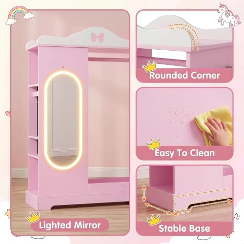 Kids Lighted Mirror Armoire - Pink Dress-Up Closet with Jewelry Storage