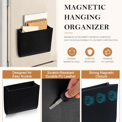 Magnetic Leather Mail Holder for Refrigerator Wall Organizer - Black PU