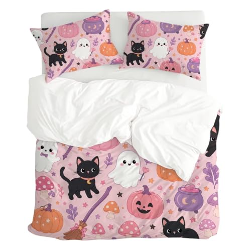 Pink Halloween Bedding Set 3-Piece Comforter & Pillowcases for Girls - Ghost & Cat Design, Full Variation