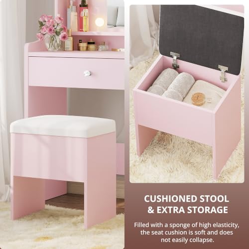 Vanity Desk with Mirror Lights & Storage Stool - Pink (Variation of THIS listing: Pink)
