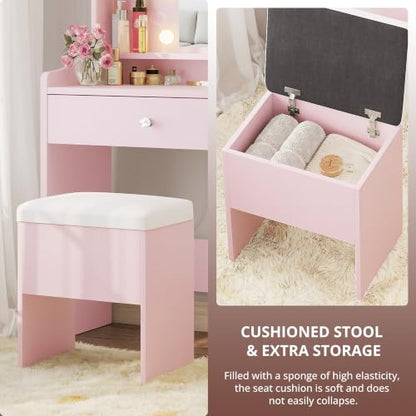 Vanity Desk with Mirror Lights & Storage Stool - Pink (Variation of THIS listing: Pink)