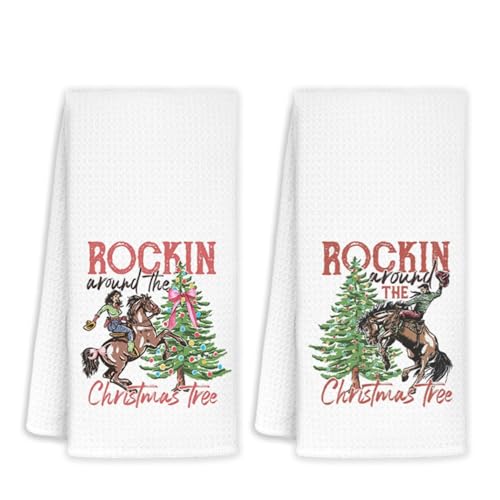 Western Christmas Kitchen Towels Set of 2 - Cowboy Holiday Hand Towels, 16x24 Inches, for Bathroom & Kitchen Decor
