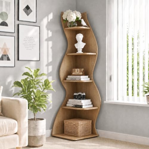 Tribesigns Modern Wavy Corner Shelf Stand - Light Brown, 5-Tier