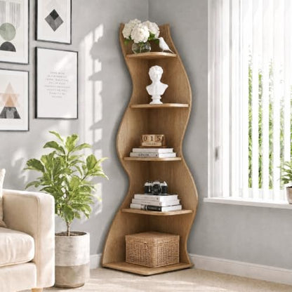 Tribesigns Modern Wavy Corner Shelf Stand - Light Brown, 5-Tier