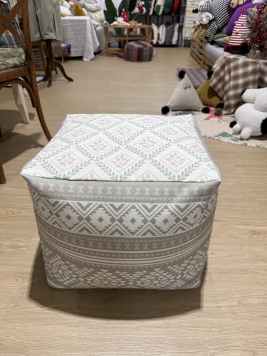 Bohemian Square Pouf Cover - Unstuffed Canvas Footstool with Hidden Storage