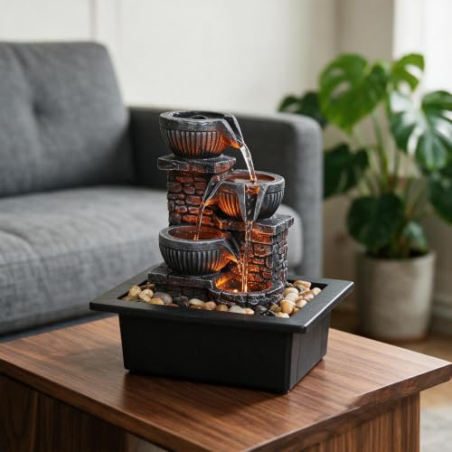 Tabletop Water Fountain with 3 Warm LED Lights, Soothing Water Flow for Relaxation