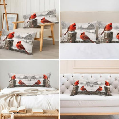 Set of 2 Christmas Cardinal Pillow Cases - Farmhouse Satin Decorative Covers 20x26 Inches