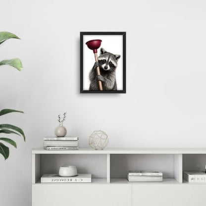 Bathroom Raccoon Wall Art Decor - 16x12 Inches Wooden Framed Canvas