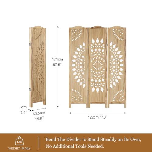 Room Divider 3 Panels - 5.62ft Tall Boho Folding Wood Privacy Screen, Natural (Variation of THIS listing: Natural / 3 Panels)