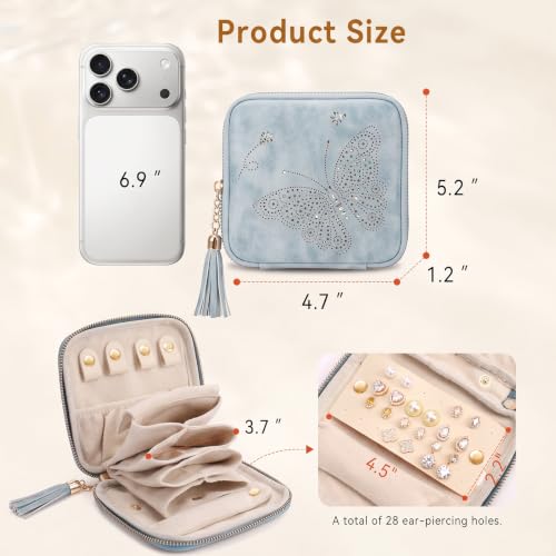 Travel Jewelry Case Organizer Small Velvet Pouch with Compartments - Blue