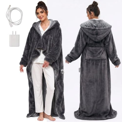 Wearable Heated Blanket with Foot Pockets and Gray Belt - Heat Lock Technology