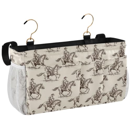 Western Cowboy Pattern Bedside Caddy Organizer with 6 Pockets & Hooks for Bunk Beds